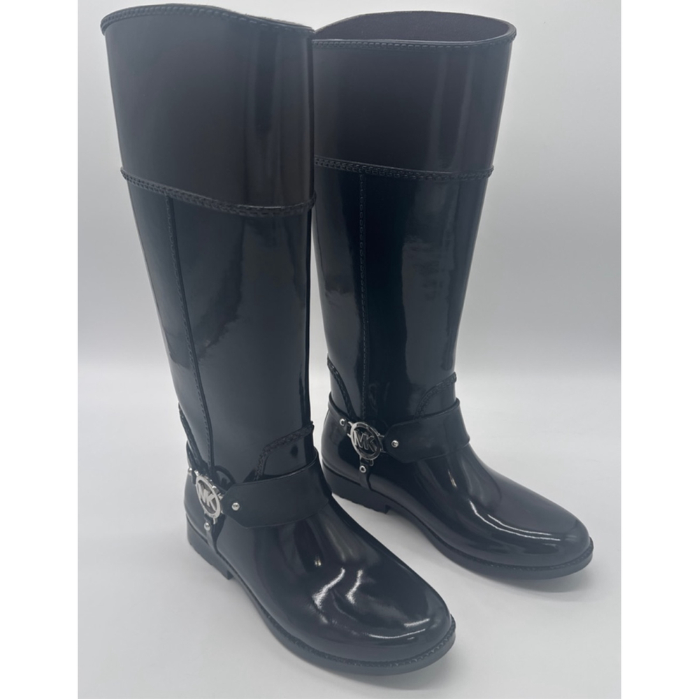 MICHAEL KORS Tall Black Brown Rain Boots with Silver MK Logo, Size 8